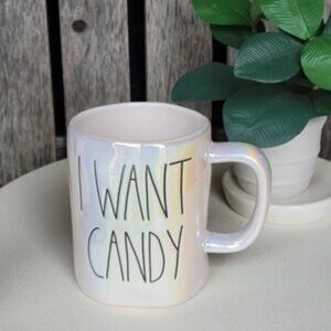 Rae Dunn I Want Candy Coffee Tea Mug Iridescent White Rainbow by Magenta NEW